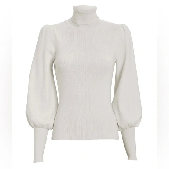 A.L.C.  White Ribbed Turtleneck Puff Sleeve, Size S - Picture 1 of 10